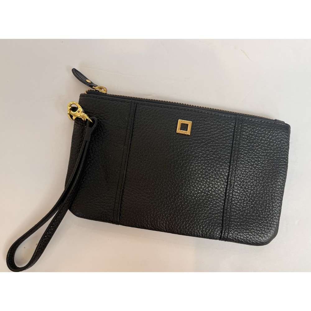 Lodis black leather w/goldtone hardware zip close‎ wristlet w/6"strap